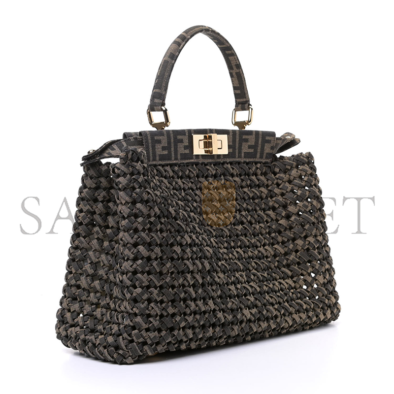 FENDI FABRIC JACQUARD FF 1974 WOVEN KNOTTED MEDIUM PEEKABOO ICONIC SATCHEL TOBACCO MORO (34*25*13cm) 